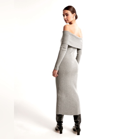 ABERCROMBIE GRAY KNIT OFF SHOULDER MIDI DRESS WINTER HOLIDAY GIFT ROMANTIC  L - Picture 3 of 10